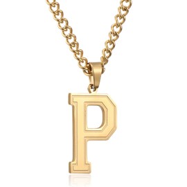 RWQIAN Large Initial Letter Necklace for Men Women,Gold Plated Stainless Steel Chain with P Alphabet Pendant,Name Capital Letter Necklaces for Sports Athletes Men Women Graduation Initial Gifts
