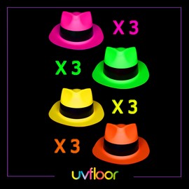 UV FLOOR UVFLOOR UV FLOOR - 12er Set Neon-Hüte (S/M) - Spezial Schwarzlicht und Ultraviolett - 4 leuchtende Farben - Neon-Zubehör - Dünner Kunststoff