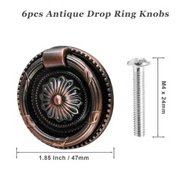 Bivethoi 6pcs Red Bronze Cabinet Knobs, Drop Ring Drawer Pulls Round Dresser Knobs Handles with Screws, Vintage Drawer Knobs Pulls Handles Hardware for Kitchen Cupboard Vanity Nightstand