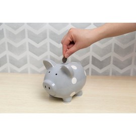Kate & Milo Mini Ceramic Piggy Bank, Gender Neutral Nursery Décor, Baby Girl and Baby Girl Keepsake Gift, Gray with White Polka Dots