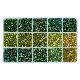 GOMAKERER About 6200 Pcs 15 Styles Green Series Glass Bugle Seed Beads, 2-7mm Mixed Styles Mini Beads Tube Round Seed Beads Loose Spacer Beads Transparent Bulk Beads for DIY Crafting Jewelry Making