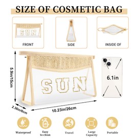 Small Boho Straw Clear Sun Makeup Bags for Women&Girls, Zipper Cosmetic Bag Chenille Varsity Letter Patch Bag, Preppy Cute Toiletry Pouch, Trendy Organizer Storage Bag for Beach Travel Essentials