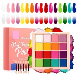 U-Shinein Nail Pigment Powder Palette Set, 16 Colors Ombre Nail Powder Palette French Aura Nails Ombre Nail Brush Nail Long-lasting Manicure Art DIY Accessories (A)