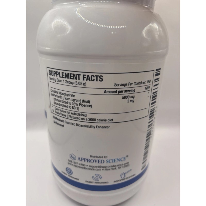 Approved Science Creatine Monohydrate Powder with BioPerine 180 Servs (900