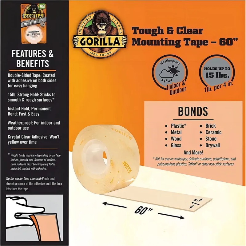 Cinta Montaje Doble Cara Transparente 2.54 Cmx152 Cm Gorilla
