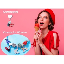 Sambaah Lipstick Charm Pink Heart 925 Sterling Silver Makeup Red Lip Dangle Charm with Clear Crystals for Bracelets