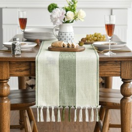 Artoid Mode Boho Sage Green Country House Style Farmhouse Style Tassels Table Runner, Washable Table Decoration Party Birthday Wedding Decor 33 x 143 cm