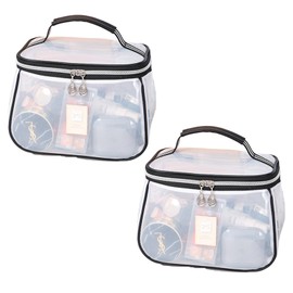 Siomlana 2 Pcs PVC Transparent Makeup Pouch Large Capacity Makeup Storage Bag Waterproof with Mesh Pocket for Travel, Gym and Bathroom, Clear Pouch, Plastic Bag, Flexible Handle, Double Zipper, white