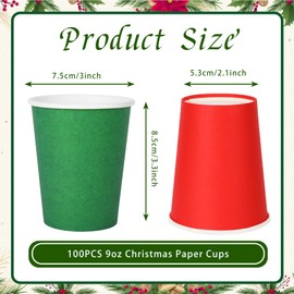 Whaline 100Pcs Christmas Paper Cups 9 oz Red Green Disposable Drinking Cups Xmas Holiday Party Cups for Christmas Winter Party Decoration Supplies