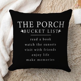 CarOptics Farmhouse Pillow Cover 18x18 Inch - Rustic 'Porch Bucket List' Inspirational Lumbar Cushion for Relaxing Outdoor Spaces(Black)