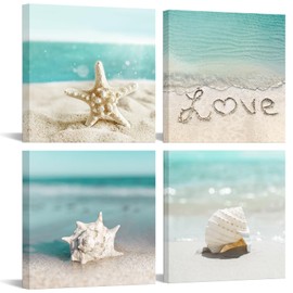iKNOW FOTO 4 Pieces Wall Art Canvas Prints - Seashell, Starfish, Beach Picture, 12x12'' Each, Modern Artwork Framed for Bathroom, Home, Kitchen, Office Decor