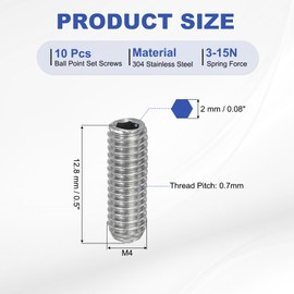 PATIKIL M4x12mm Ball Point Set Screws, 10 Pcs 304 Stainless Steel Hex Socket Spring Ball Point Grub Screws for Industrial Machine Home Furniture Workplaces, Silver