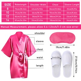 18 Pcs Spa Party Supplies for Girls 6 Satin Kimono Robe 6 Sleeping Eye Mask 6 Disposable Slippers for Flower Girl Kid Salon Pedicure Wedding Birthday Favors Washing Shower (Size 8, Rose Red)