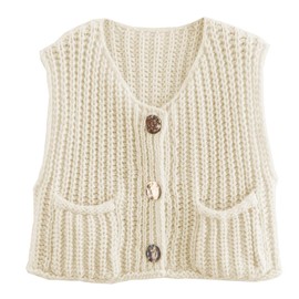 Baonmy Women’s Cropped Sweater Vest Button Down Sleeveless Crop Casual Chunky Knit Cardigan Vest with Pocket (CA/US, Alpha, Medium, Regular, Regular, Beige)