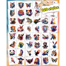 Watercolor Animals Temporary Tattoo for kids, 120 Sheets Fake Individually Wrapped Tattoos Stickers for Girls Boy Body Arm, Birthday Party Decoration Supplies Gifts for Kids