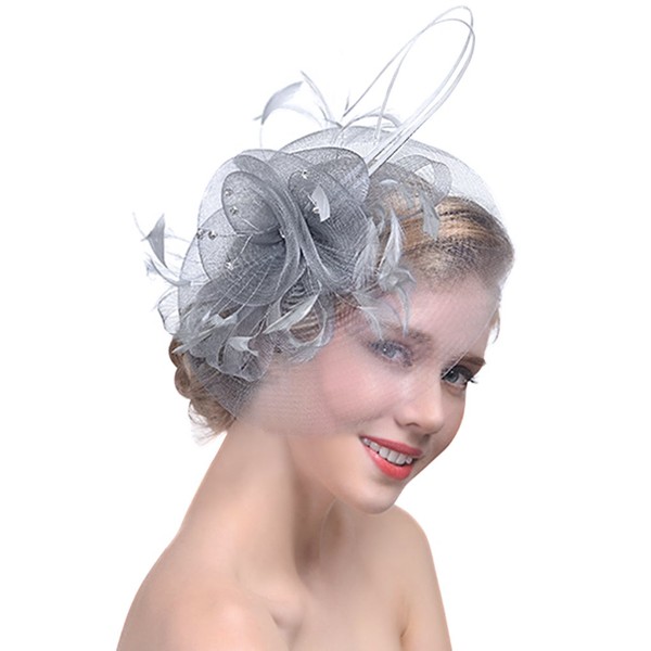 Wedding Headpiece for Women, Yarn Bridal Hair Accessories, Banquet Small Hat, Bridal Veil Headpiece, Party Evening Hair Clip Hair Accessories, gray