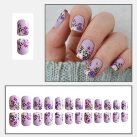 Flower Press On Nails Short Square Fake Nails For Spring Purple False Nails Press Ons With Floral Design Stick On Nails Matte Full Cover Acrylic Glue On Nails For Women Nails Supplies