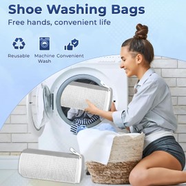 2Pcs Shoe Washing Bags with Insoles | Reusable Sneaker Laundry Bags for Machine Wash | Fluffy Fiber 360° Cleaning with Durable Zipper Closure | (2Pcs White Grey & Trees)