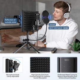 Riworal Studio Recording Microphone Isolation Shield with Pop Filter and Metal Tripod Stand USB Condenser Mic to PC Laptop Smartphone, Mic for Recording Singing Podcasting