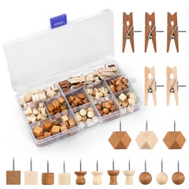 GOOLADA 114Pcs Decorative Push Pins in 7 Types and 2 Colors Wooden Push Pins Cute Thumb Tacks Clips for Cork Board Bulletin Board Wall Cubicle Crafts for Office Classroom Farmhouse with Storage Box