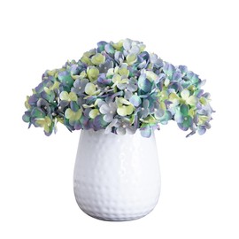 Nearly Natural 11-in Artificial Hydrangea Flower Arrangement in Decorative White Metal Vase, Blue Faux Hydrangeas with Lifelike Petals for Tabletop, Desk, Centerpiece, or Shelves