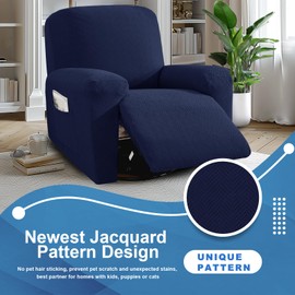 JIVINER 3 Piece Recliner Chair Cover Stretch Lazy Boy Non Slip Covers for Recliner with Pockets Soft Jacquard Reclining Sofa Slipcovers Furniture Protector with Elastic Bottom (1 Seater, Navy Blue)