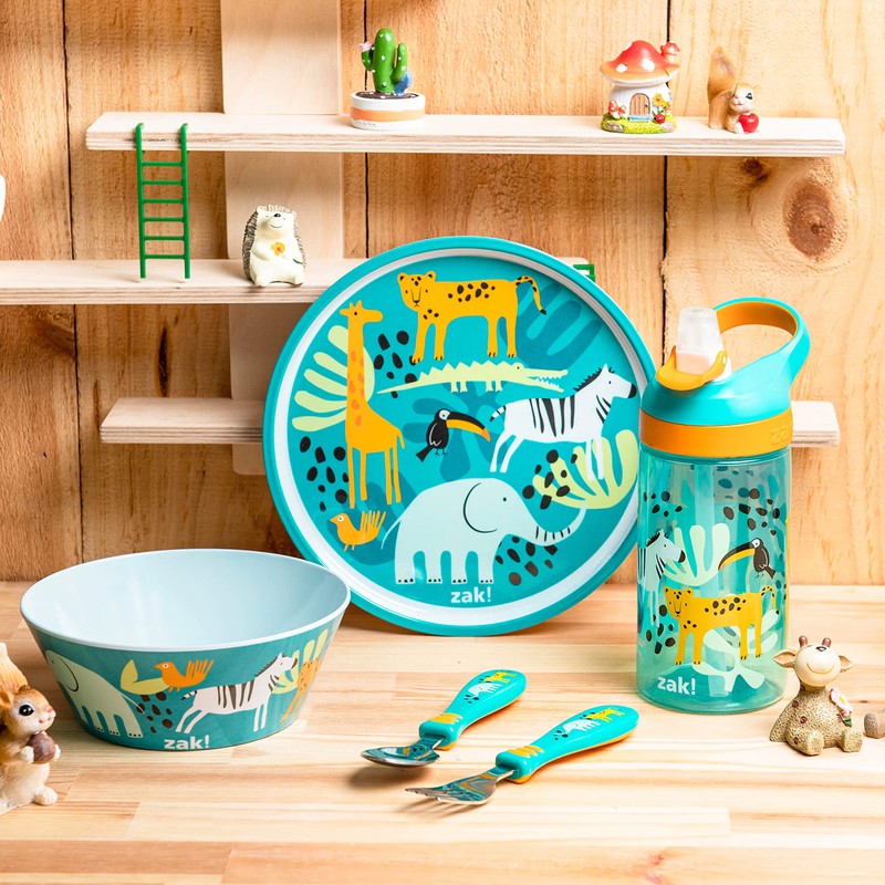 Zak Designs 5-Piece Dinnerware Set, Safari - Durable Plastic &