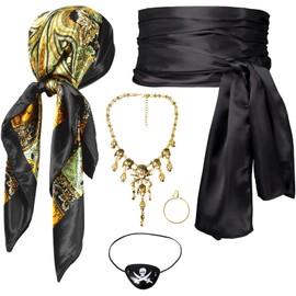 Women Pirate Costume Accessories Set|Headscarf Wrap Hat Sash Belt Cosplay Outfit With Stainless Steel Earring Necklace (Black Pirate Set With Metal Skull Necklace)