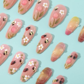 24 Pcs Flower Press on Nails Medium Almond Pink Fake Nails with 3D Ladybug Water Droplet False Nails Cute Bee Nail Press ons Glossy Glue on Nails Cute Stick on Nails for Women