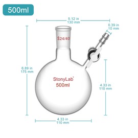 Stonylab Reaction Flask - Borosilicate Glass Single-Neck Flask with 24/40 Joint and PTFE Stopcock Valve, Round Bottom, 500 ml