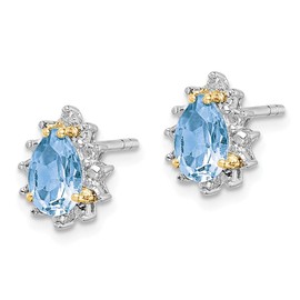 Real 925 Sterling Silver and 14K Sky Blue Topaz Diamond Studs Earrings - 11mm x 9mm (.02 cttw.)
