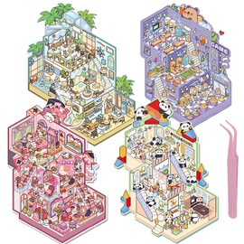 4 Sets3D Fun Mini House Scene Stickers with Tweezers Make Your Own Mini Cafe House Video Game City Castle Stickers Scenes Cute Mini Room Craft Sticker for Relief Stress Pass The Time(Big Size)