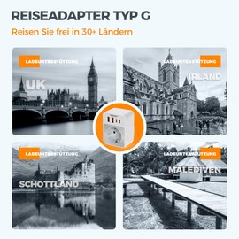 TESSAN Adapter England Germany Plug, 5 in 1 Travel Adapter Type G with 2 USB C and 2 USB A, Small Folding Design, 3250 W Socket Adapter England, 20 W USB C Fast Charge, UK Adapter to EU