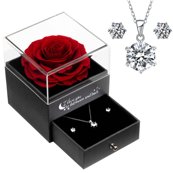 Sunia Preserved Eternal Rose with Jewellery Sets-Sliver Round Necklace Stud Earrings for Women, Eternal Love Gifts for Girlfriend&Wife&Mum for Christmas Anniversary Birthday Valentine's Day
