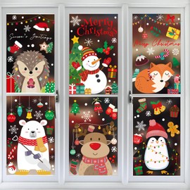 JarThenaAMCS 181Pcs Merry Christmas Window Clings Cartoon Animal Window Stickers Double-Side Cute Glass Decals for Winter Xmas Home Party Supplies, 7.9 x 11.8 Inch, 9 Sheets