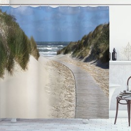 Ambesonne Playa Cortina de Baño, Tema de Viaje Vista de la Costa, Paño Conjunto de Decoración de Baño de Tela y Ganchos, 70" Alto, Verde Azul Tostado