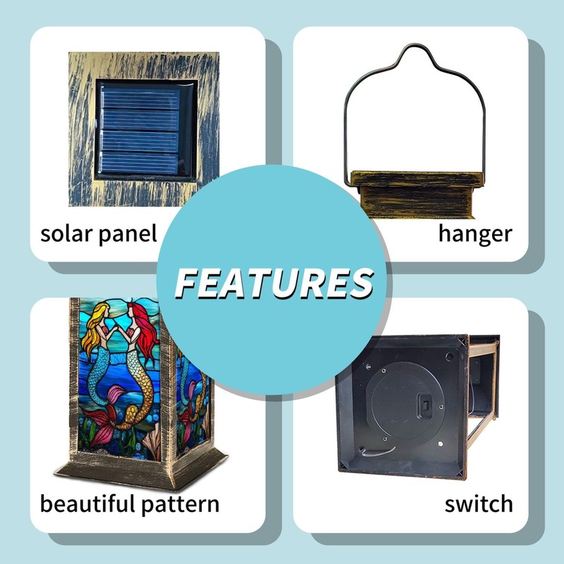 Solar Lantern Stained Glass Window Panel Mermaids Ocean Waves Shells