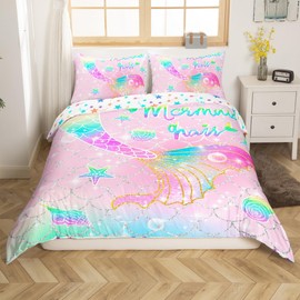 Loussiesd Mermaid Bedding Set Single for Kids Girls Rainbow Pink Mermaid Tail Printed Bedding Cute Reversible Stars Duvet Cover Set Mermaid Fish Scale Decor