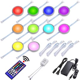 Lvyinyin RGBWW Under Cabinet LED Lighting Kit, Linkable Puck Light, RGB & Warm White, Wireless Remote Control Dimmer, 120V to 12V Direct Hardwired Wall Plug, 10 Lights