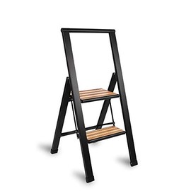 Sorfey Premium 2 Step Modern Bamboo Ladder. Lightweight,-Ultra Slim Profile, Anti Slip Steps, Sturdy-Portable for Home, Office, Kitchen, Photography Use, Black Aluminum Finish