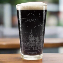 AMSTERDAM NETHERLANDS SKYLINE Engraved Pint Beer Glass | Minimalist City Sky Line Full Wrap Engraving | Great Gift Idea!