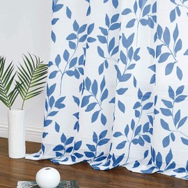 Blue White Sheer Curtains for Living Room Print Leaves Botanical Semi-Sheer Drapes for Men's Boys' Bedroom Apartment Dorm 90inches Long Light Filtering Navy Leaf Window Treatment Sets 1 Pair