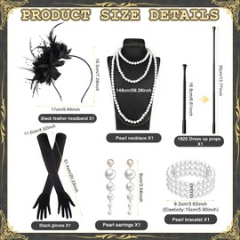 6PCS 1920s Flapper Accessories Set, Fashion Roaring 20's Costume Set with Pearl Earrings Feather Headband Bracelet Necklace Gloves Handheld Props for Women Ladies Cosplay Theme Party