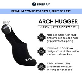 Sperry Men's 6-Pack Arch Hugger No Show Socks, Non-Slip Ultra Low Cut Invisible Liners with Heel Grip, Black, 6-12