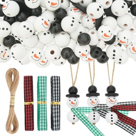 Dluszert 120Pcs Christmas Snowman Wooden Beads, Winter Wooden Beads Snowman for 30 Sets, 18mm Round Wooden Beads for Craft with Plaid Ribbon and 10M Rope, Winter Wood Bead for Christmas Tree DIY