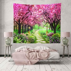 CHENGOR Tree Flower Tapestry Forest Path Red Cherry Blossom Wall Hanging Tapestry Living Room Bedroom Dorm Man Cave Background 150x100cm