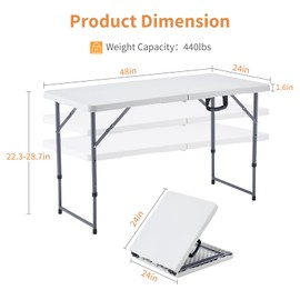 BOOSDEN 4 Foot Folding Table, Portable Rectangle Card Table, Indoor Outdoor Plastic Fold-in-Half Utility Table with Carrying Handle, Adjustable Height Foldable Table for Picnic,Party,Camping,Office
