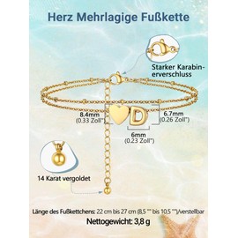 PROSTEEL Gold Anklet for Women, Double Heart Anklet with Letter A-Z, 18k Gold-Plated Foot Jewellery for Girls Women