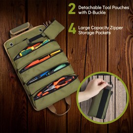 Twilight Garage Tool Bags, Multi-Purpose Wrench Roll Up Tool Bag Organizer with 6 Detachable Zipper Pockets for Electrician Mechanic, Repairman, Carpenter (Green)