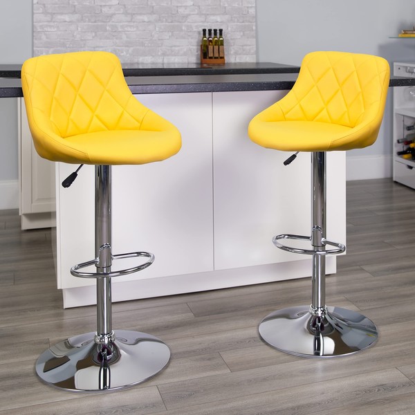 Flash Furniture Caldwell 2 Pk. Contemporary Yellow Vinyl Bucket Seat Adjustable Height Barstool with Diamond Pattern Back and Chrome Base